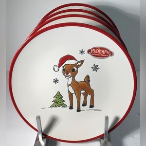 4 Salad Plates Rudolph The Red Nosed Reindeer 8.25” Christmas Red Border New